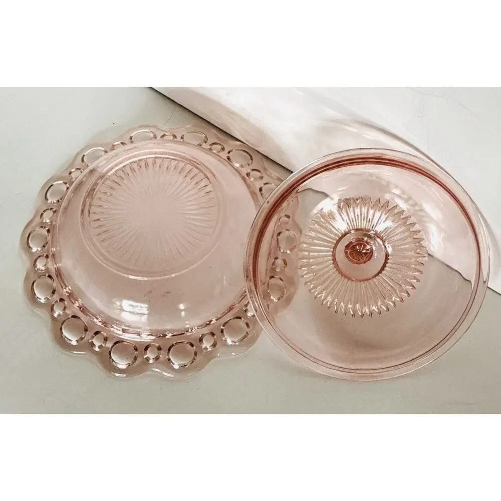 Vtg Old Colony Pink Open Lace Glass covered dish 1930 Anchor Hocking